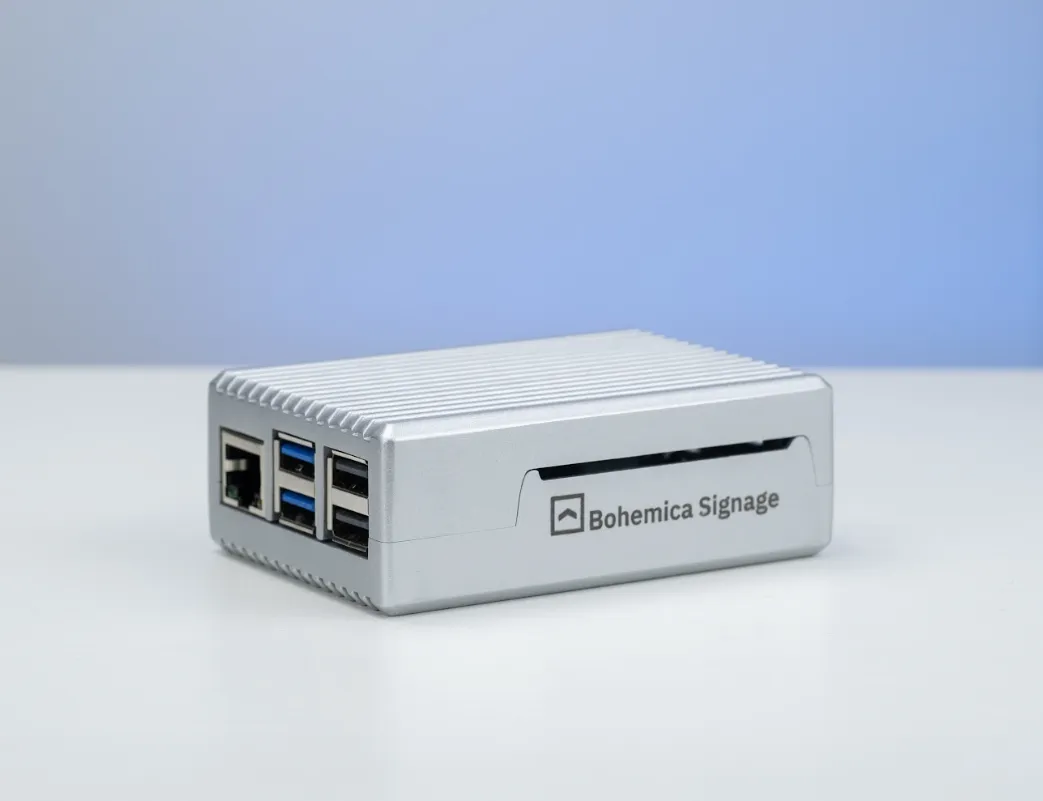 A Raspberry Pi 5 running the Bohemica Signage player